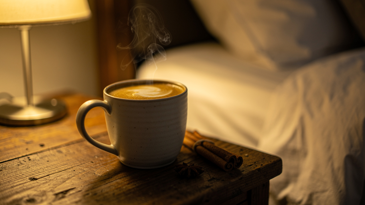 Warm reishi mushroom latte on bedside table