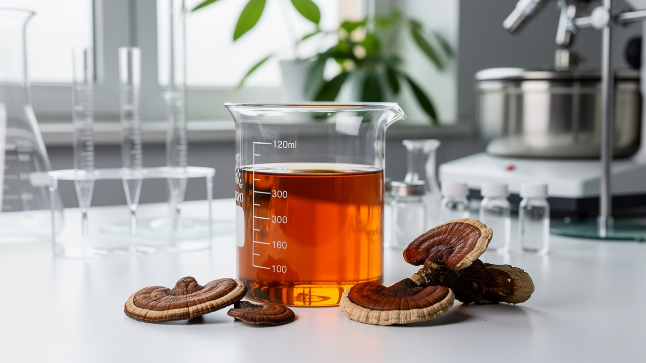 Laboratory glassware with reishi extract showing quality testing