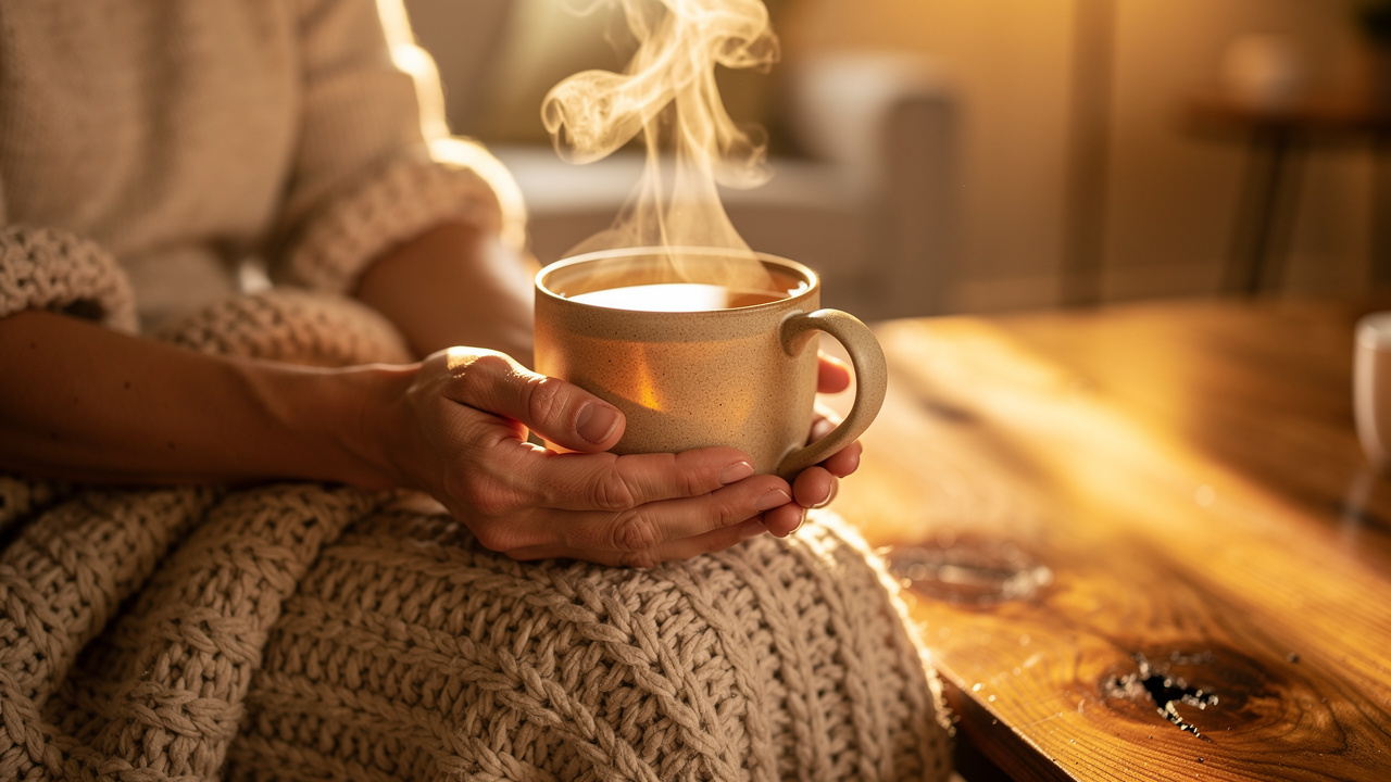 Hands holding warm tea mug during evening relaxation