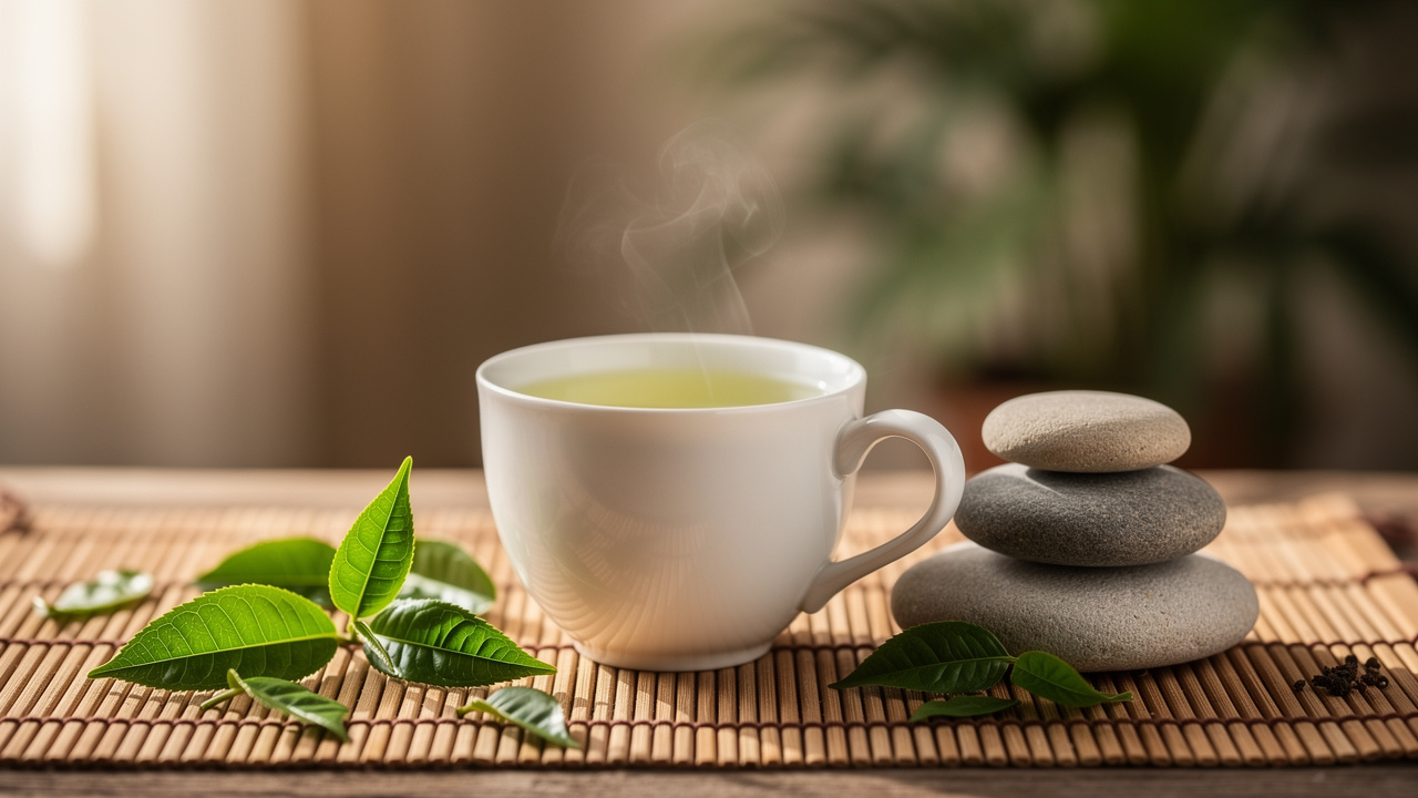 Green tea and tea leaves representing natural L-theanine