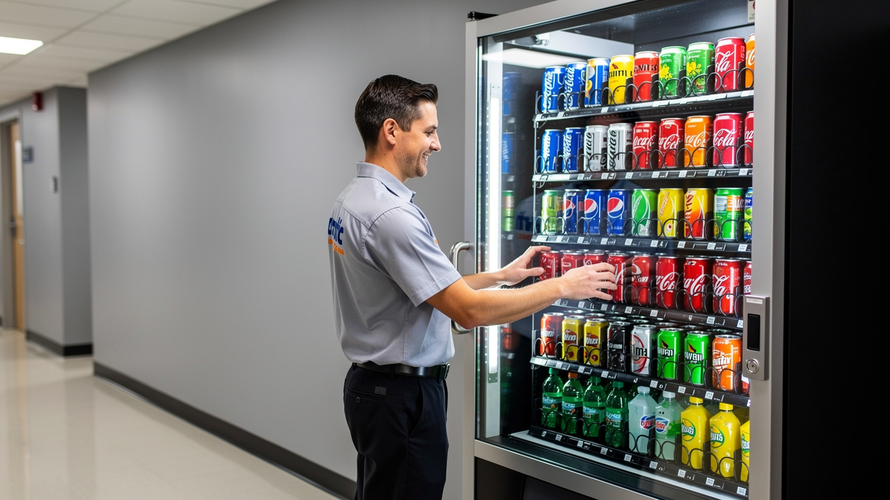 Service technician restocking drinks in vending machine