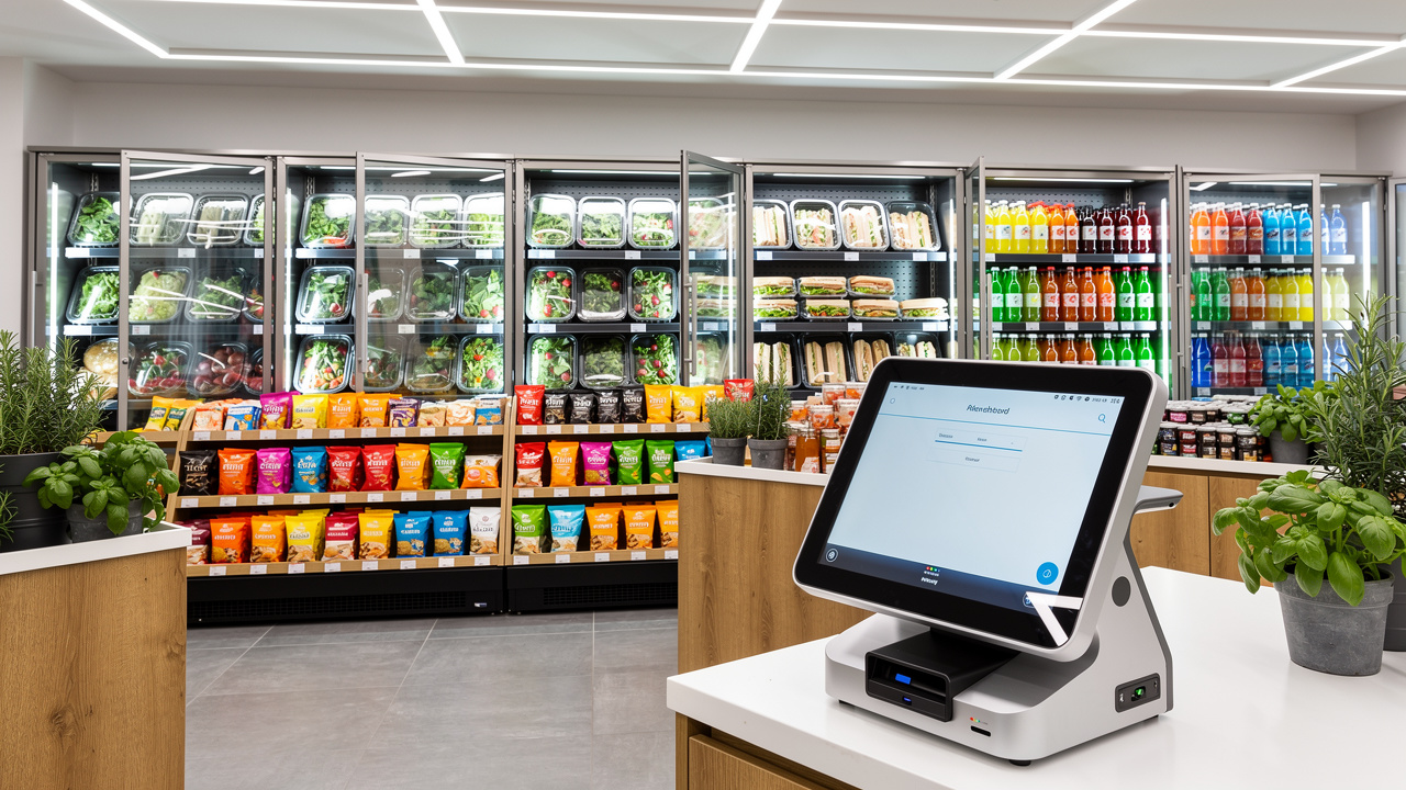 Micro-market with fresh food and self-checkout kiosk