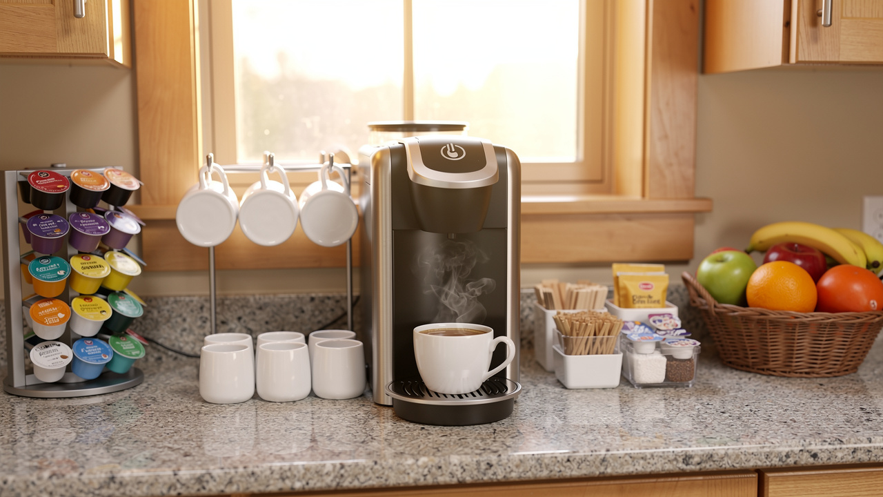 Office coffee station with modern brewing equipment