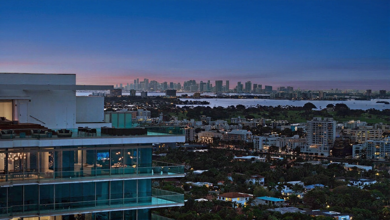 This aerial view showcases a luxury high-rise building with expansive glass balconies overlooking a vibrant cityscape at dusk. The building's modern architecture is complemented by the surrounding urban landscape, featuring lush greenery and distant city lights. The overall impression is one of sophisticated urban living with stunning panoramic views.