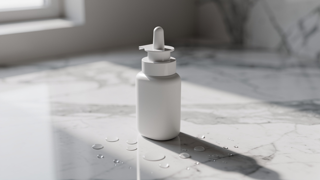 Modern nasal spray bottle on marble surface