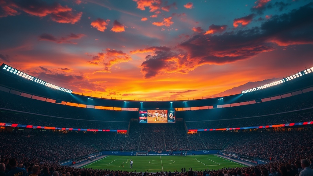 High‑definition stadium at night with LED scoreboard and cheering fans