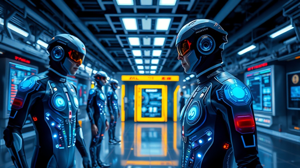 Futuristic laboratory with athletes wearing sensor‑embedded suits