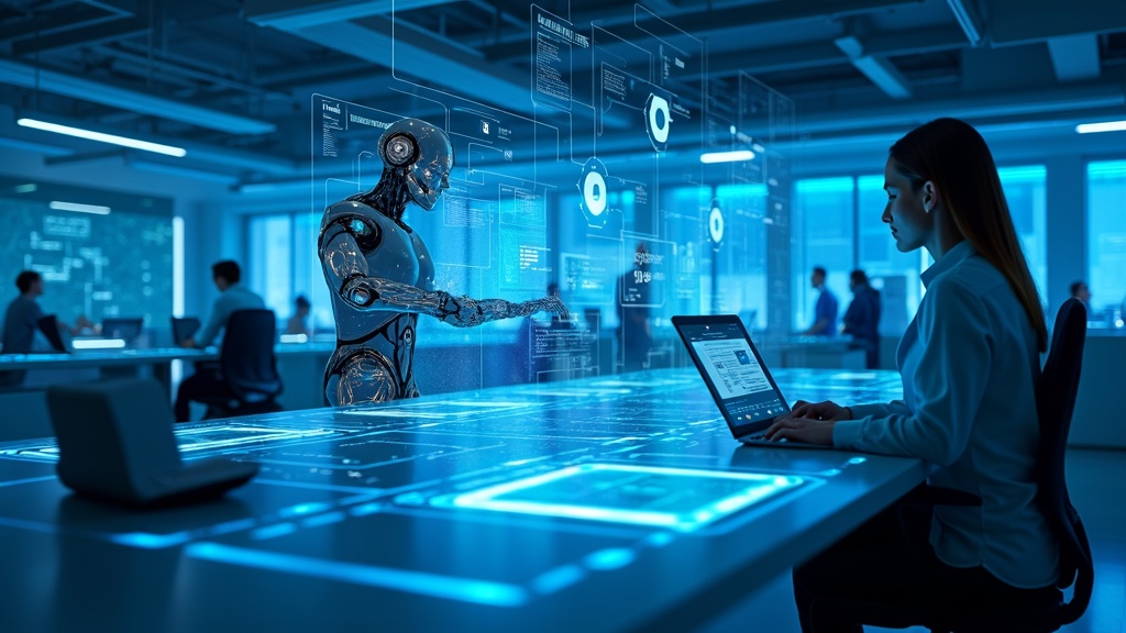 Interfaz conceptual de la plataforma Frontier mostrando agentes de IA trabajando en tareas empresariales