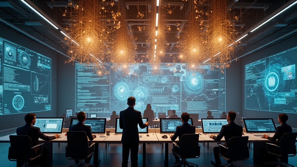 Representación de la integración humano-IA en entorno corporativo para la automatización