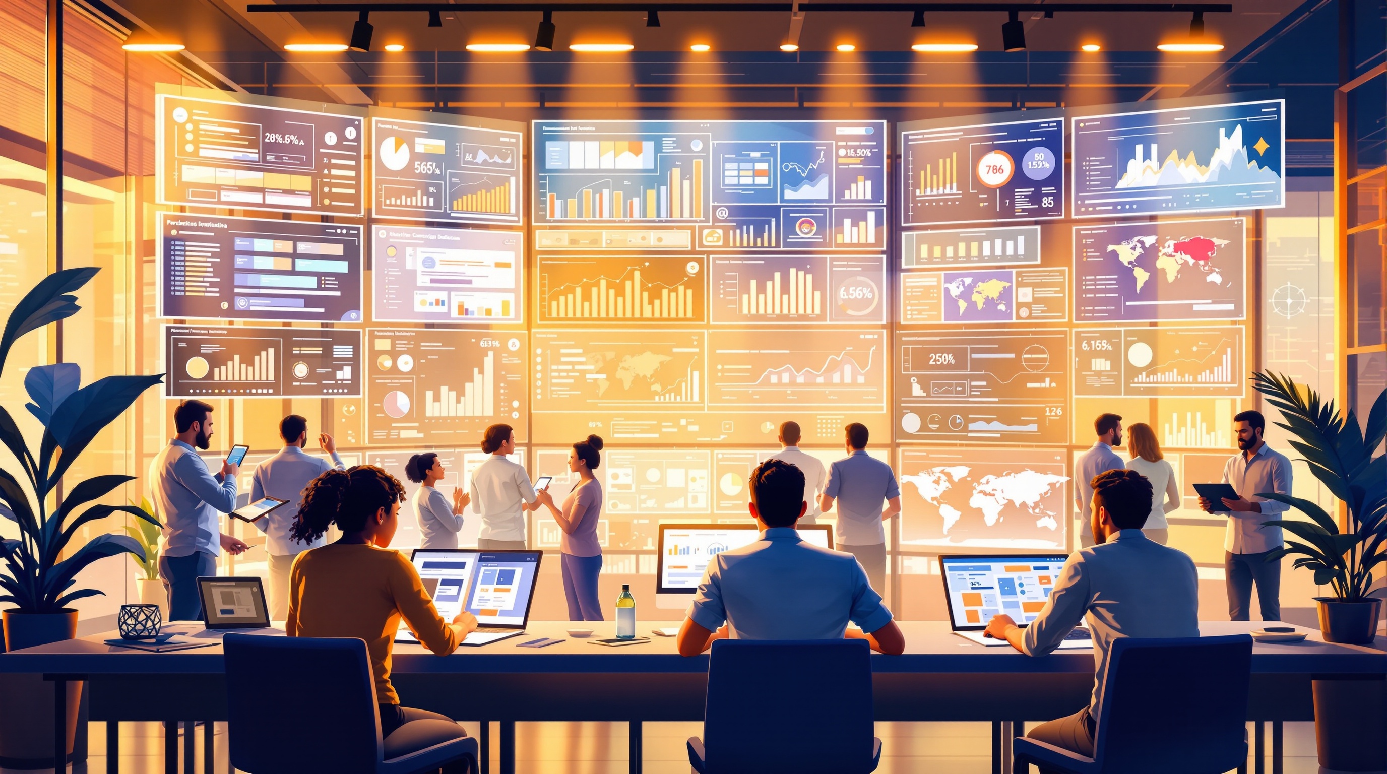 Marketing professionals analyzing AI-generated consumer insights across multiple screens showing brand sentiment dashboards and trend charts