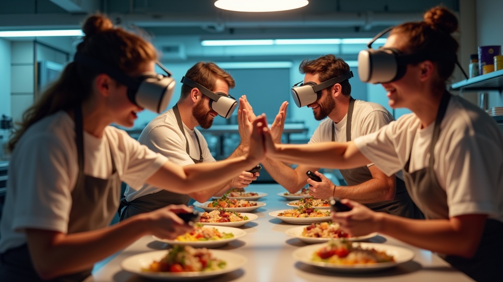 Grupo de amigos jugando a Cook Out VR en Virtua Barcelona colaborando en la cocina virtual