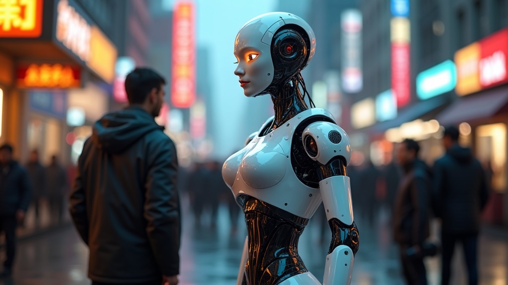 Detalle del rostro hiperrealista del Robot Moya IA encarnada