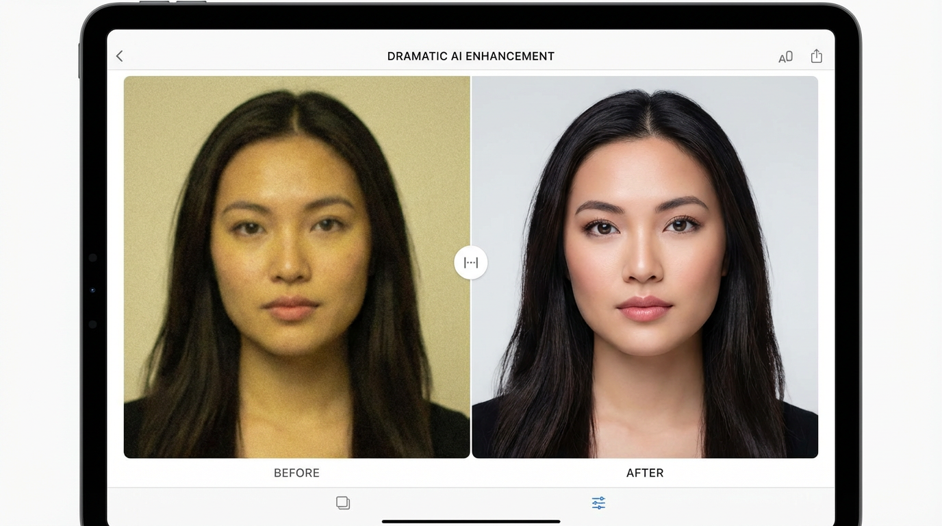 Before and after photo enhancement by AI showing dramatic quality improvement side by side