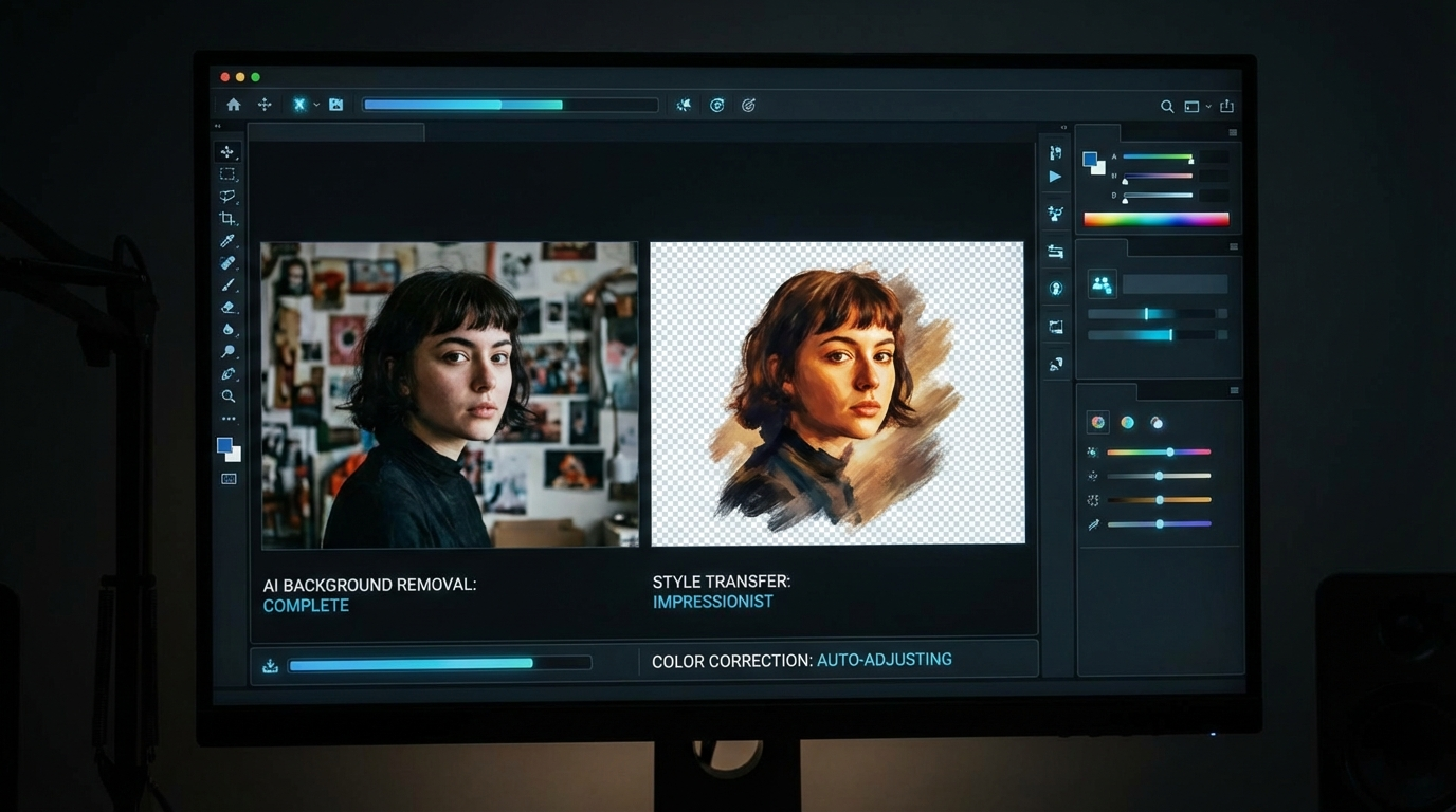 Multiple photo editing operations happening simultaneously with AI on a modern dashboard