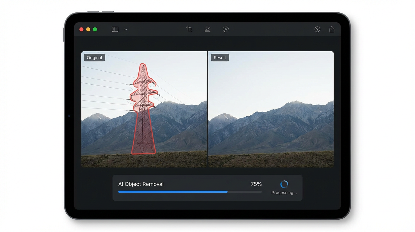 AI-powered photo retouching interface removing unwanted objects from a landscape photo