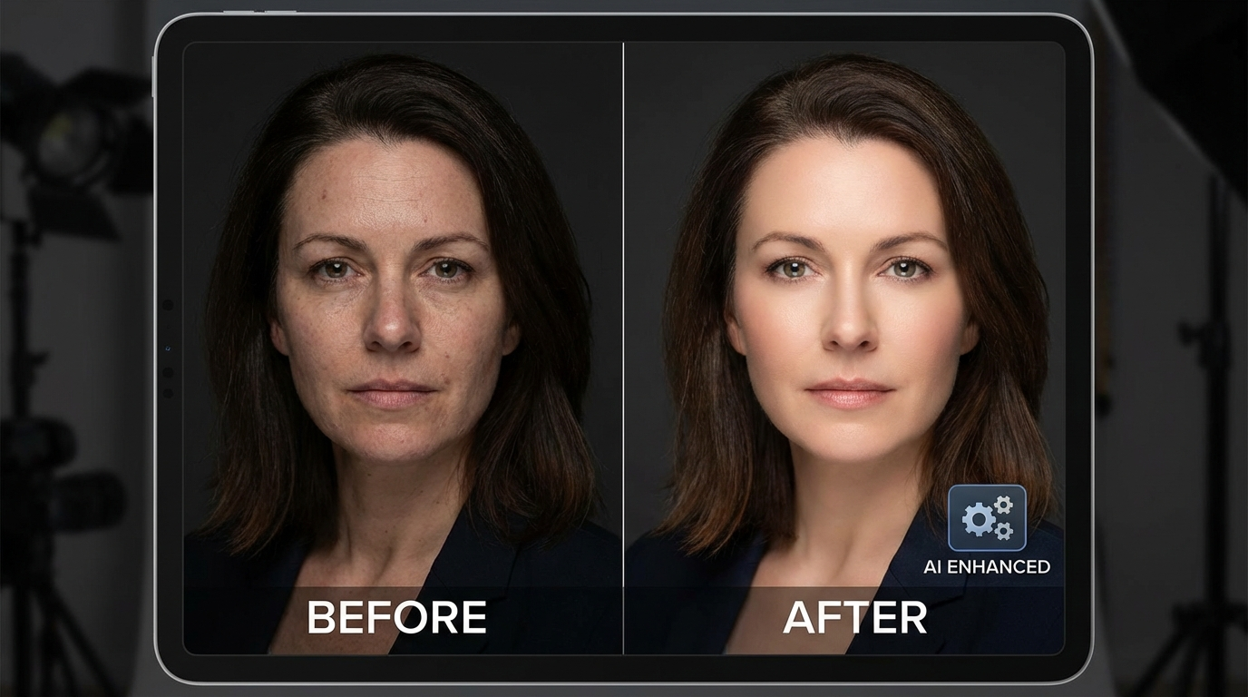 Professional portrait photo being enhanced by AI with skin smoothing and lighting correction