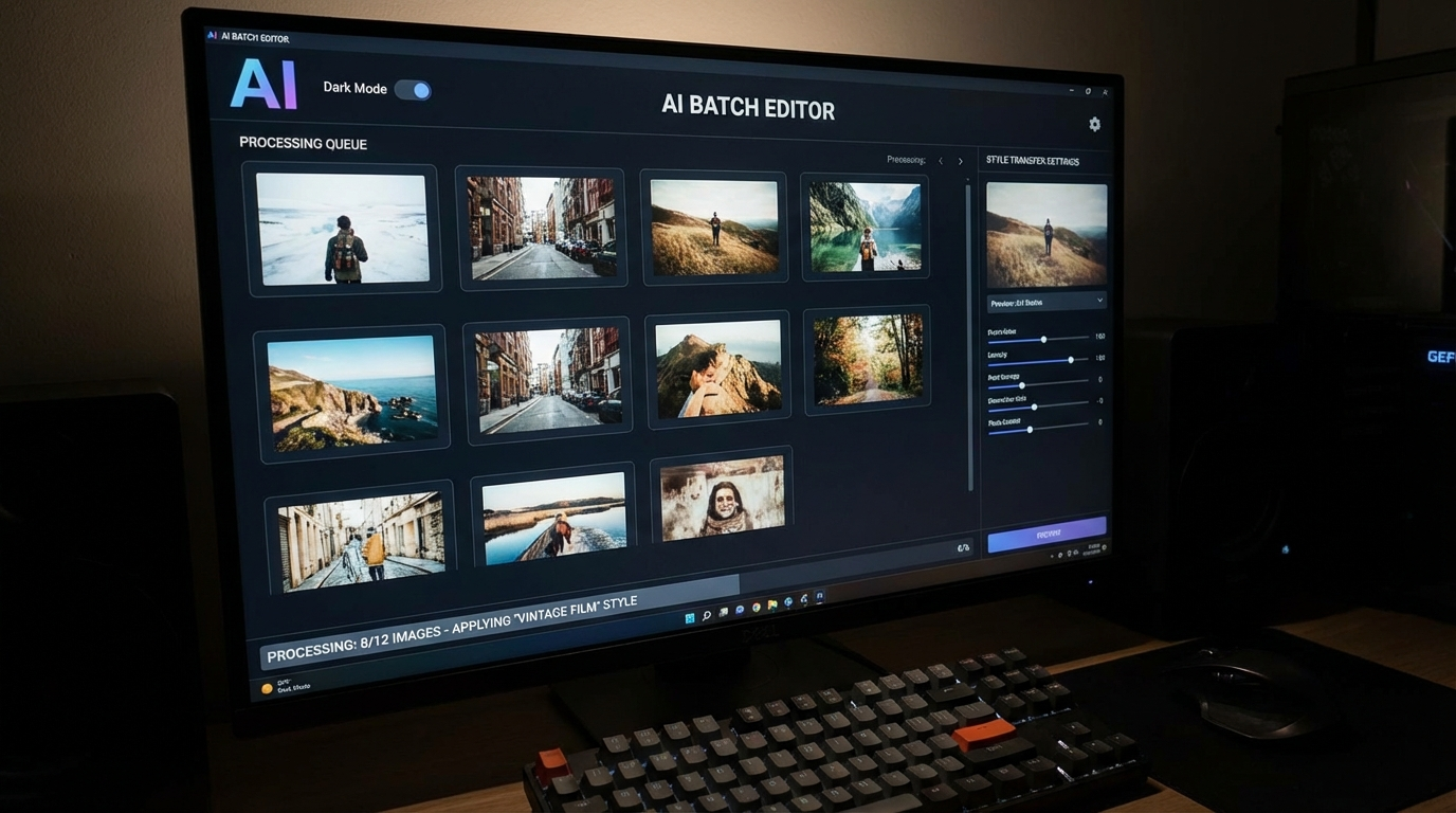 Batch photo editing interface powered by AI processing multiple images with consistent style