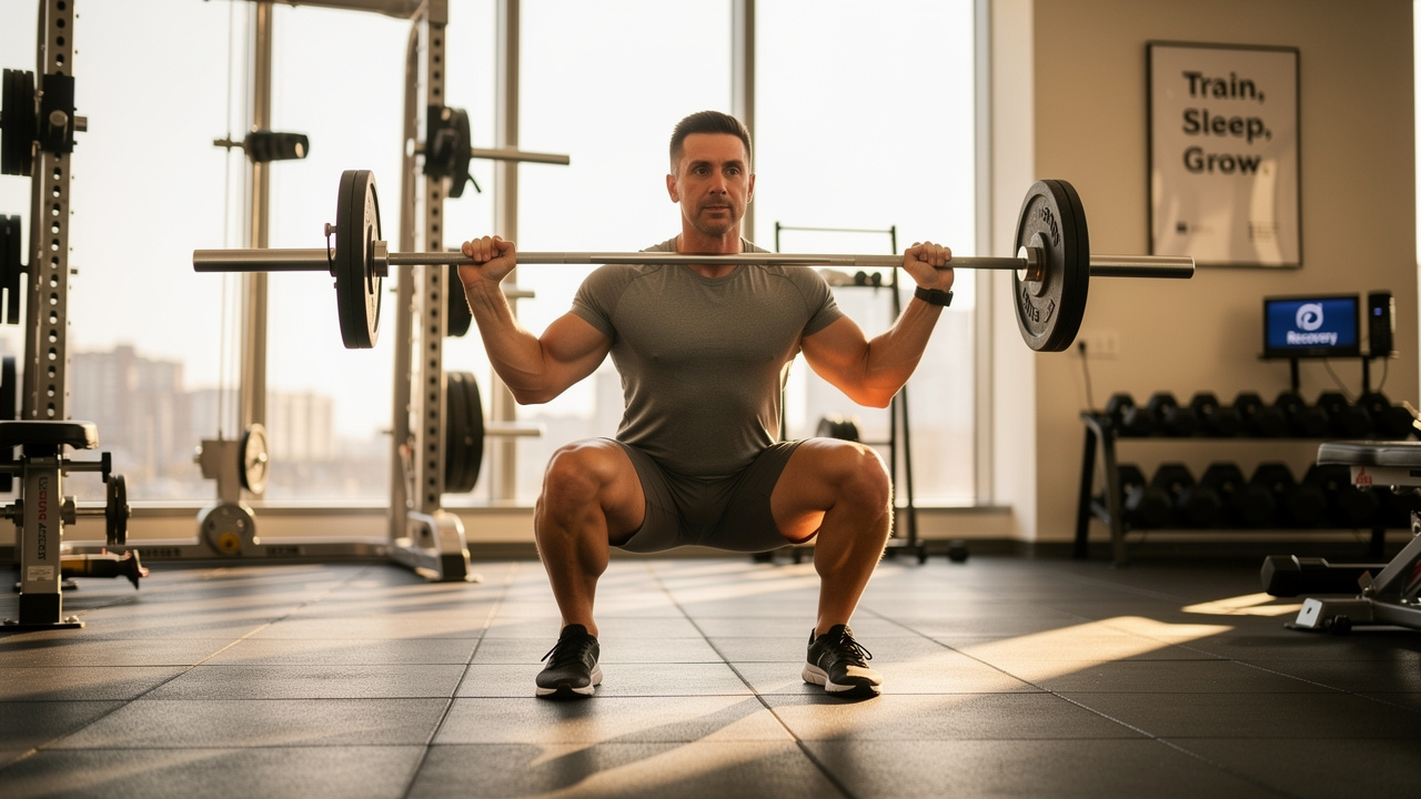 Person doing resistance training squat in gym