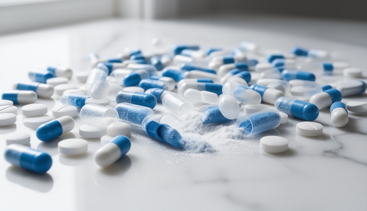 Various sleep supplement pills on marble counter