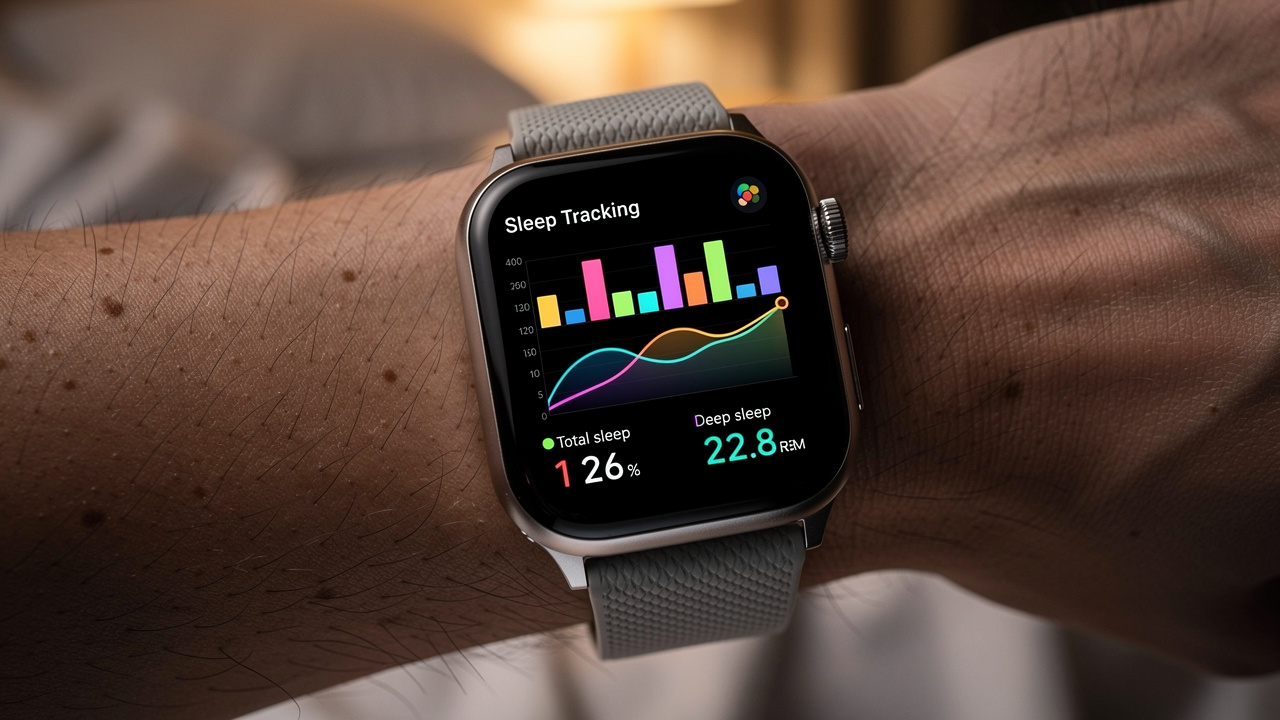 Smartwatch displaying sleep tracking metrics on wrist