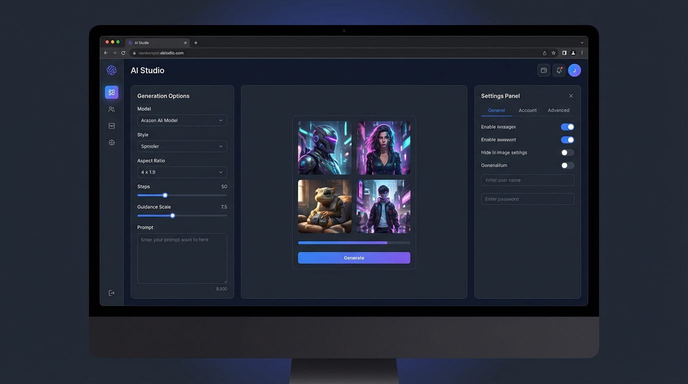 Modern AI image generation web interface with advanced controls