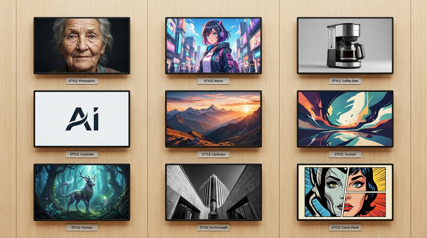 Gallery of diverse AI generated images in multiple styles