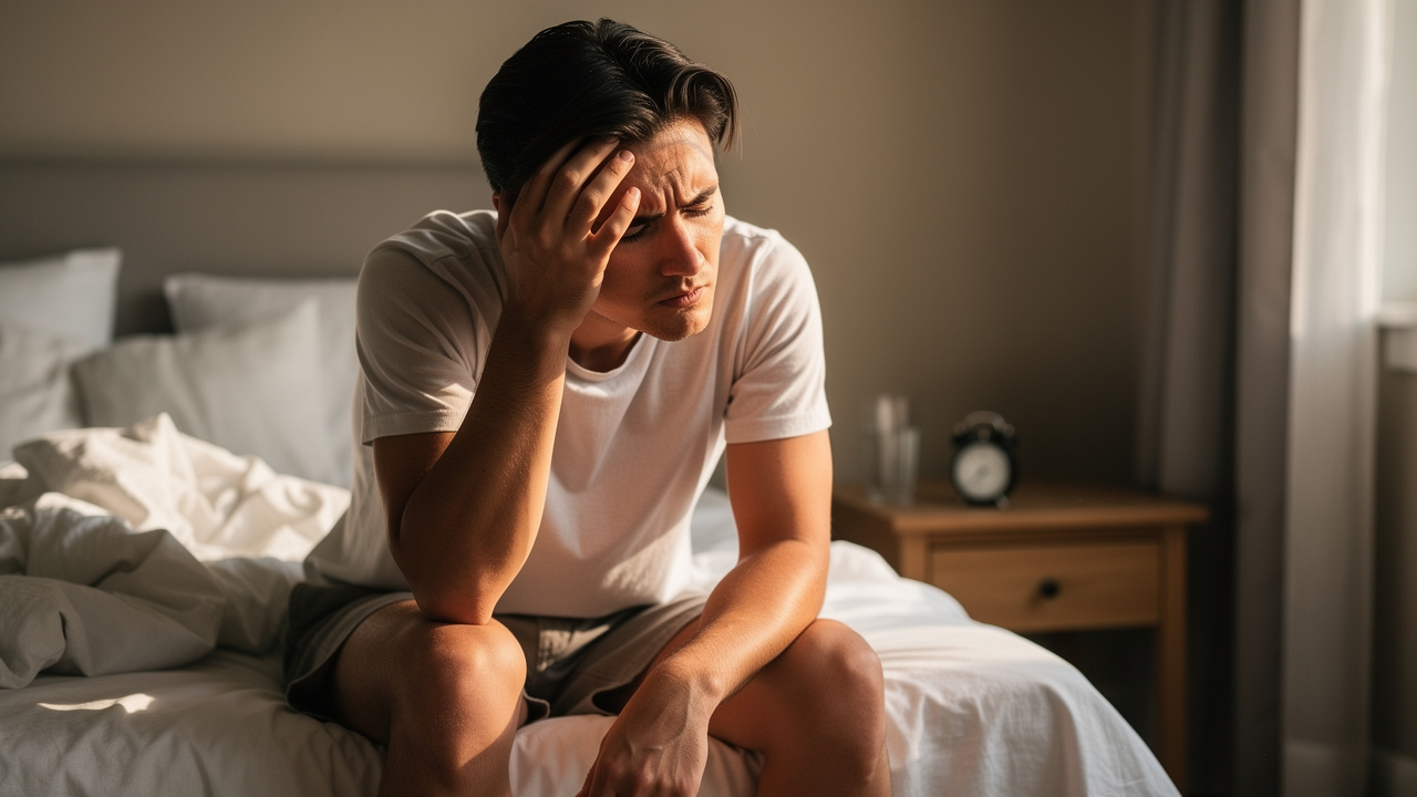 Person experiencing morning grogginess and headache