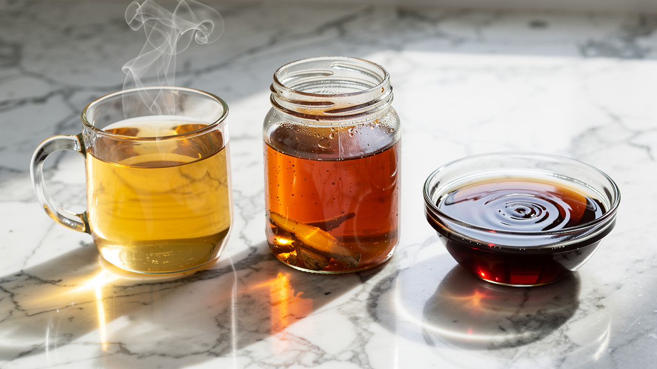 Different forms of ginger extract in glass containers