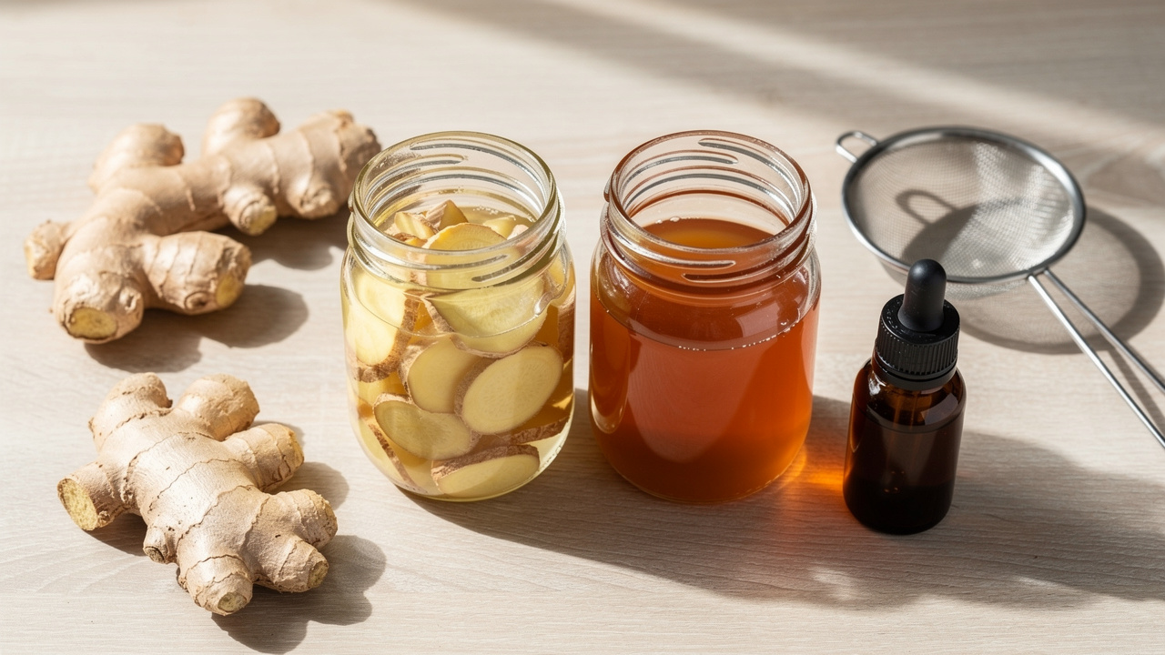 Homemade ginger tincture preparation setup