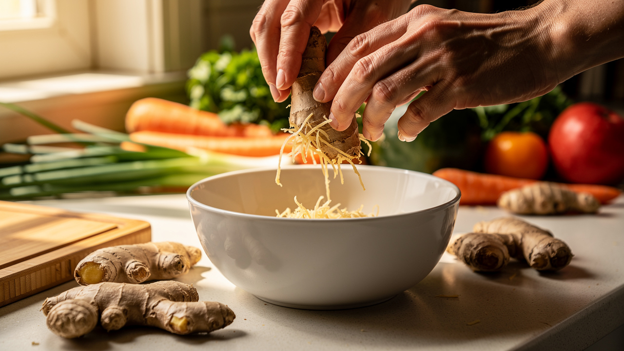 Grating fresh ginger for culinary use