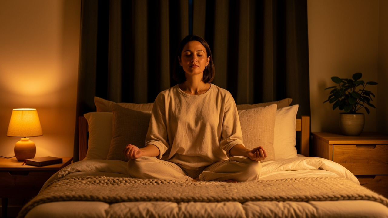 Woman practicing calming bedtime breathing exercises