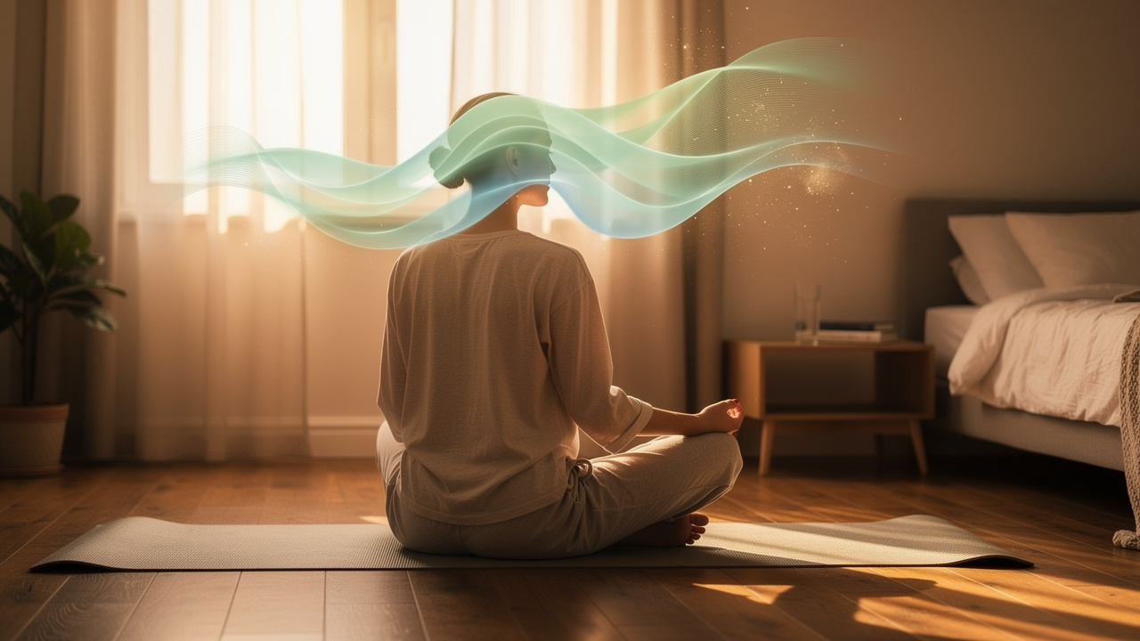 Person meditating showing calming alpha brain wave activity