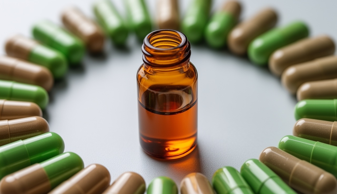 Ginger extract with complementary herbal supplements arranged together