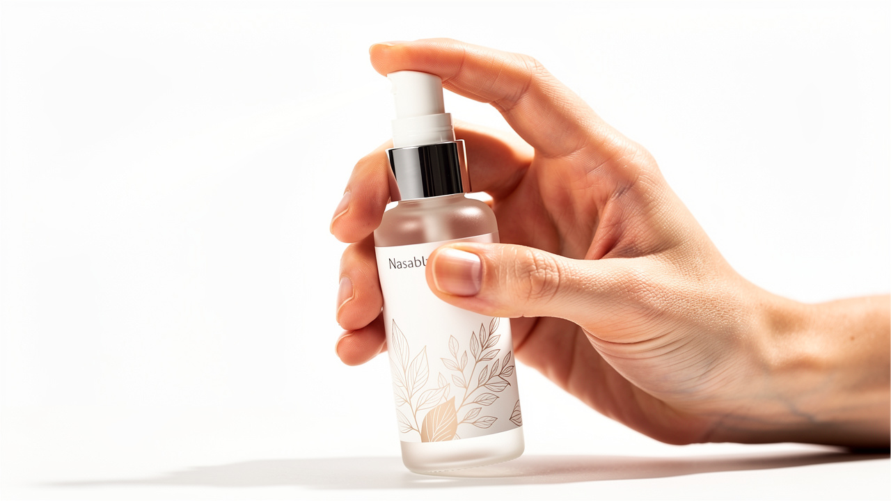 Hand holding modern melatonin nasal spray bottle