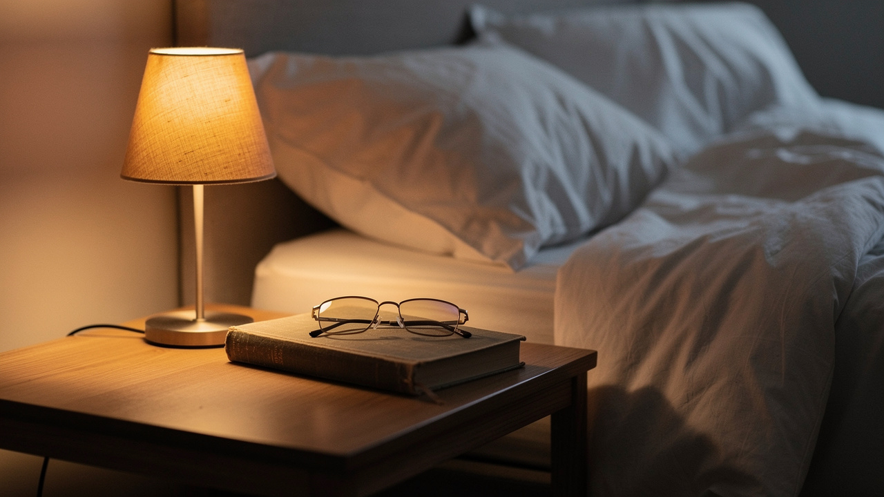Cozy bedroom with dim lighting and bedside essentials