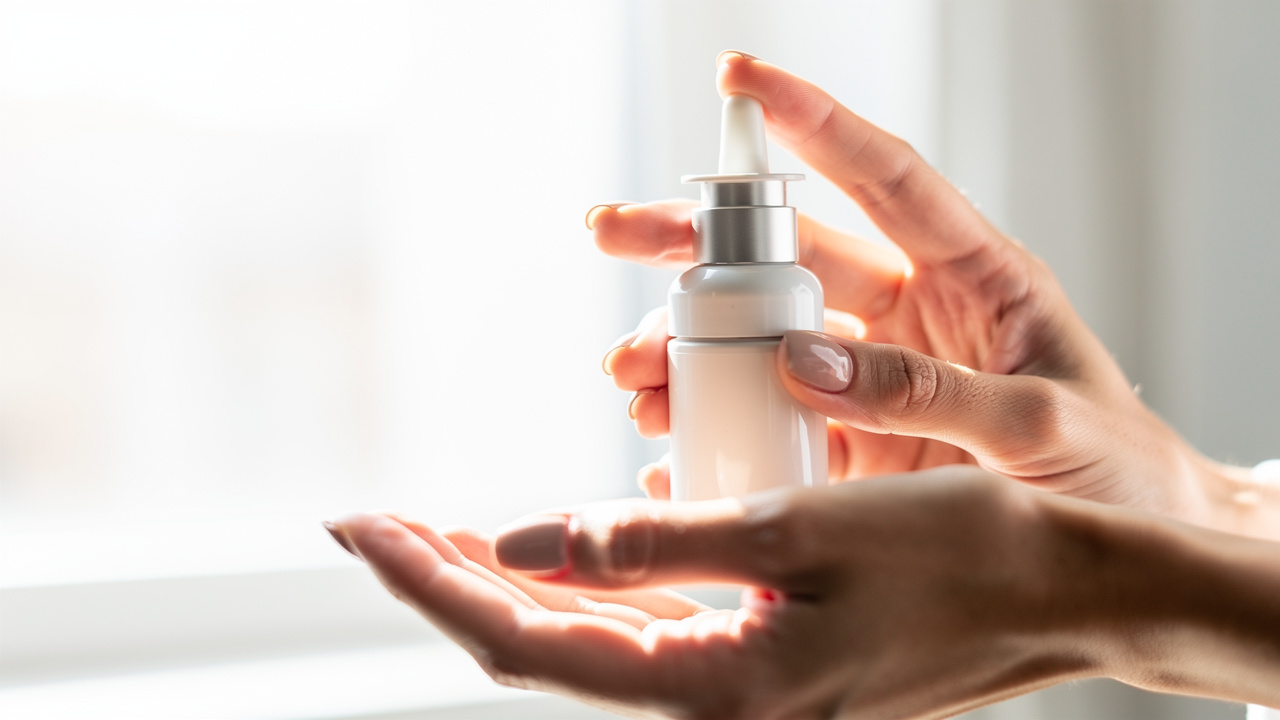 Hand holding nasal spray bottle in natural light