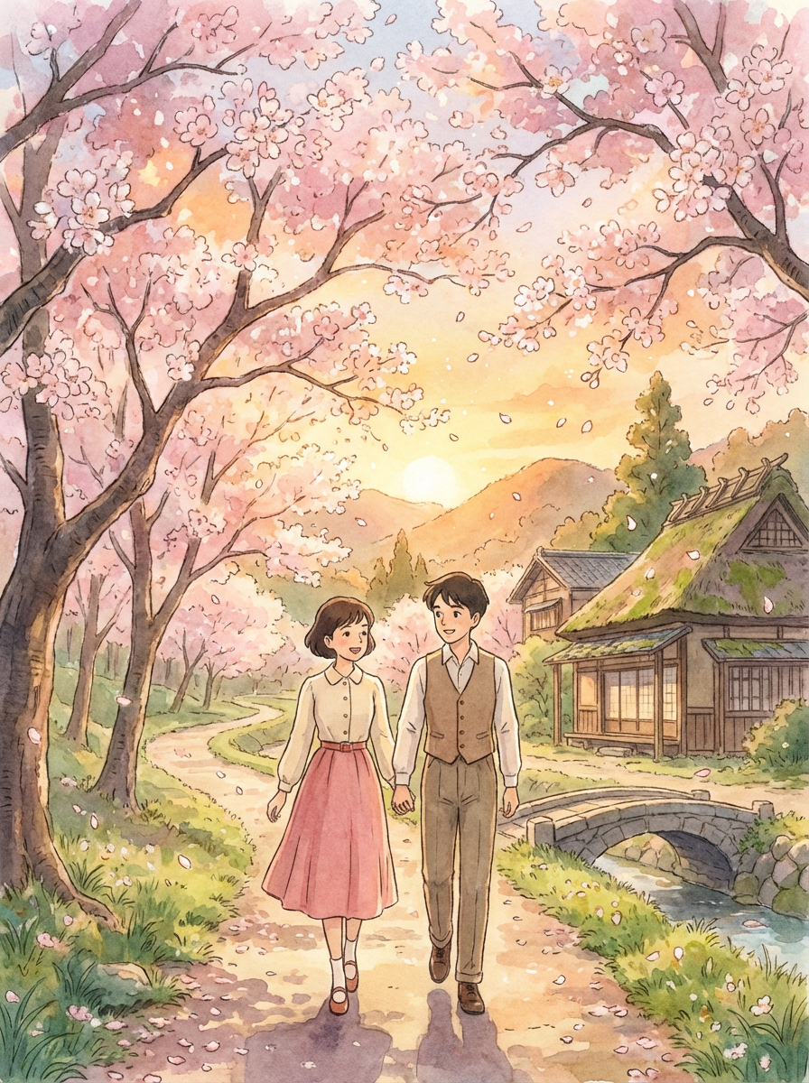 Romantic cherry blossom scene