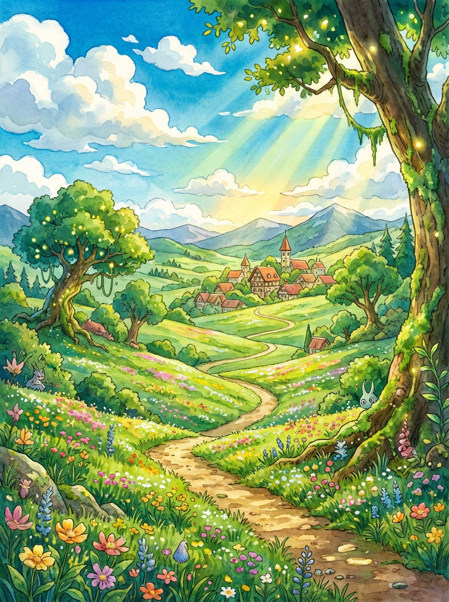 Magical Ghibli-style landscape