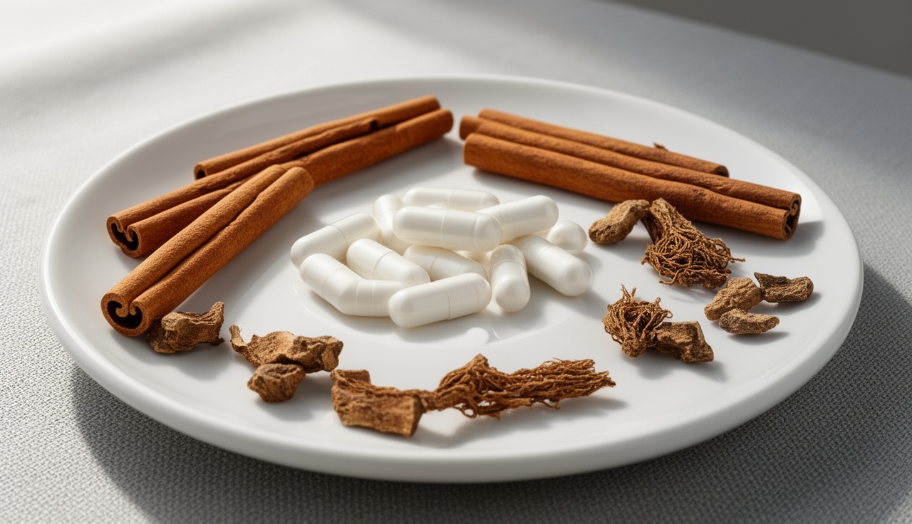 Supplement capsules with natural berberine and cinnamon ingredients