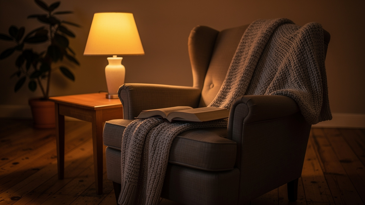 Comfortable reading space with warm lighting for relaxation