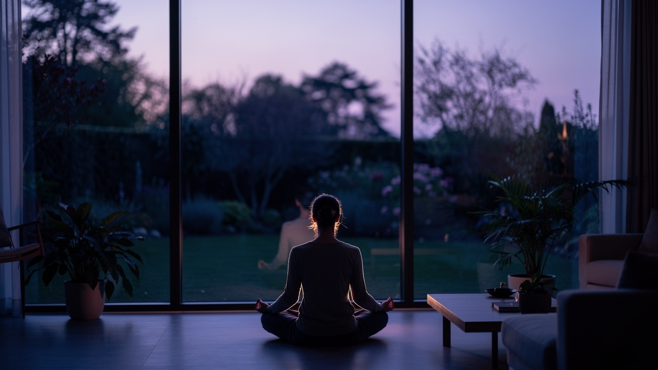 Person meditating peacefully during evening wind-down routine