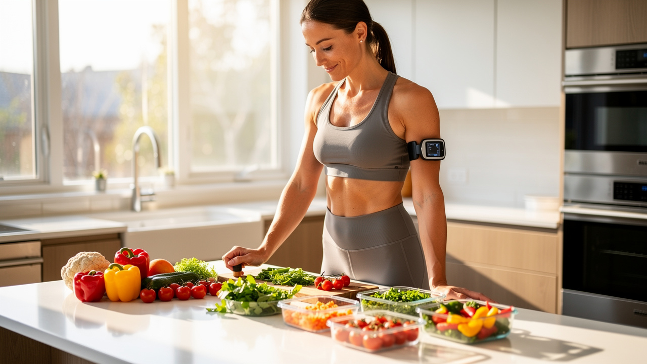 Person monitoring blood sugar with healthy meals