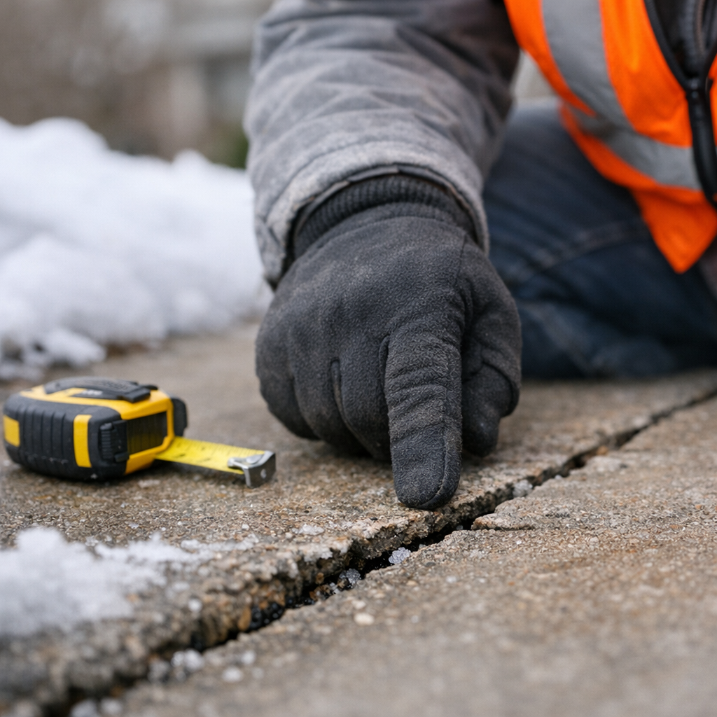 Photorealistic close-up of a contractor inspecting a driveway crack in mid-winter, gloved hand pointing to an edge crack w...