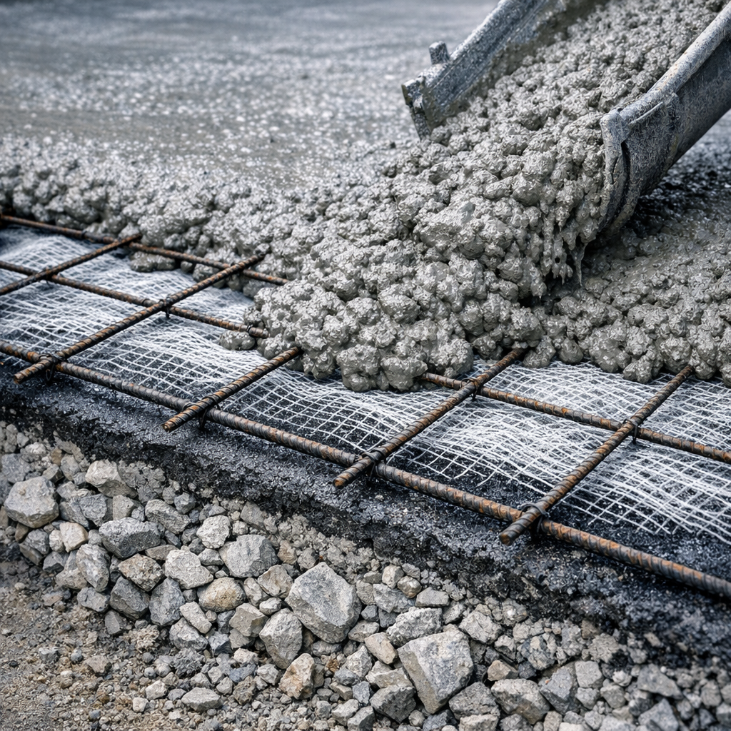 Mid-article photorealistic image of a close-up cross-section view of a driveway installation, showing compacted crushed li...