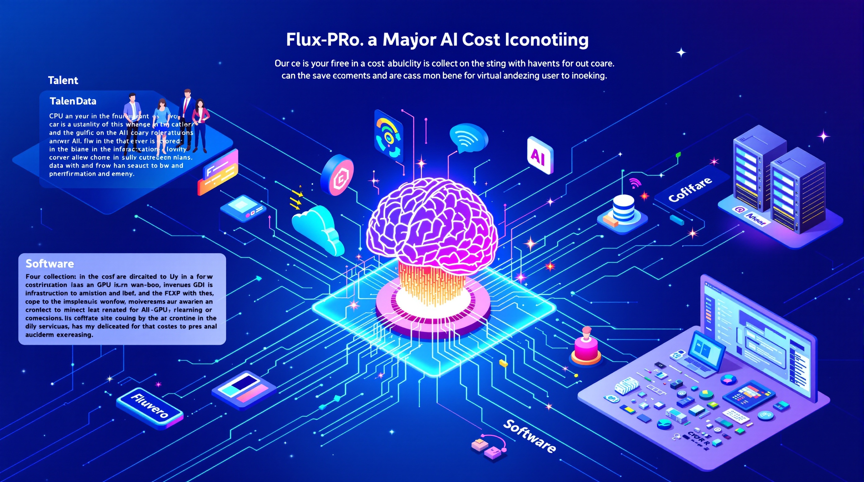 Infographic-style visualization showing AI cost components: Talent, Data, Infrastructure, and Software arranged around a digital brain.