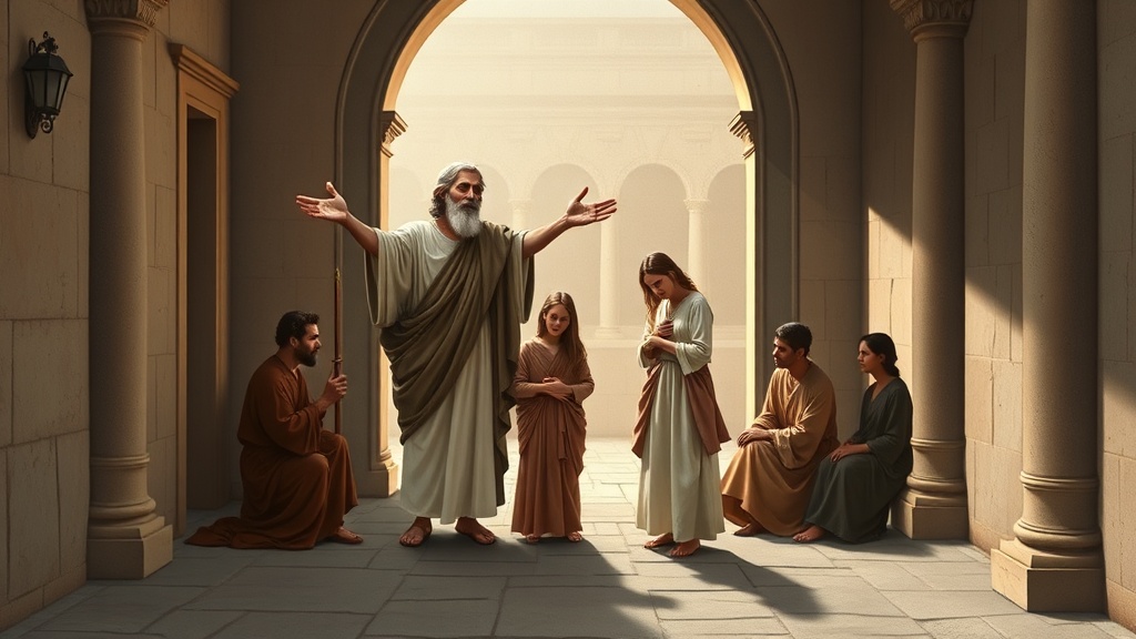 Reconciliation illustration: elder welcoming a returnee