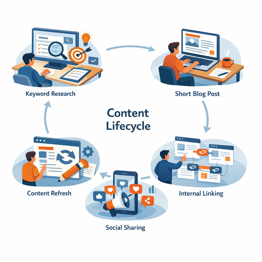 A modern isometric illustration showing a content lifecycle: keyword research, short blog post, internal linking, content ...
