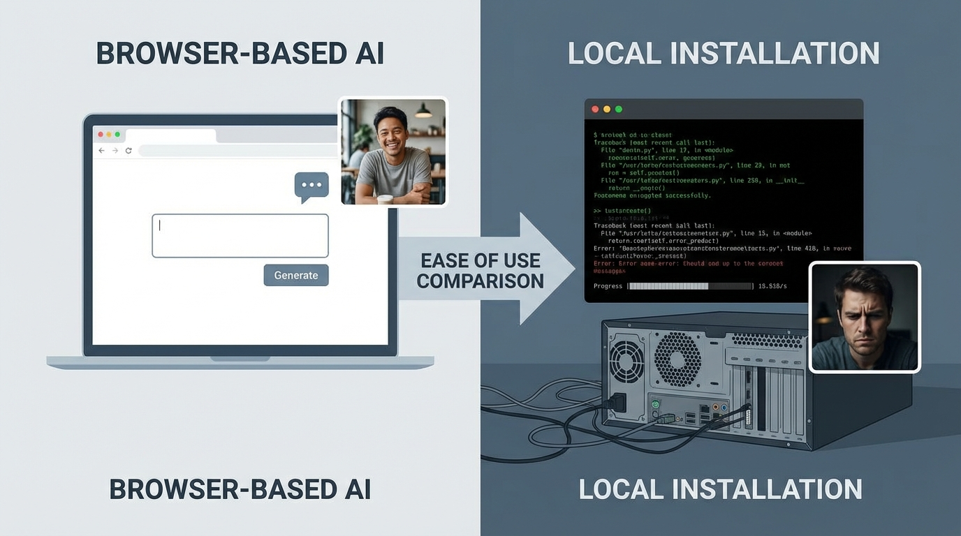 Ease of use comparison between browser-based and local installation AI tools