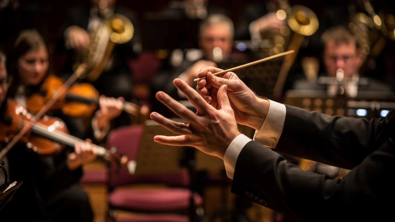 Orchestra conductor coordinating multiple sections in harmony