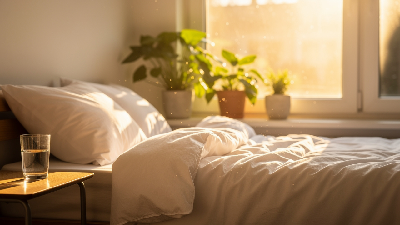Bright morning sunlight in peaceful bedroom after restful sleep